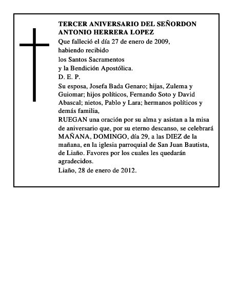 TERCER ANIVERSARIO DEL SEÑORDON ANTONIO HERRERA LOPEZ