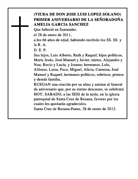 PRIMER ANIVERSARIO DE LA SEÑORADOÑA AMELIA GARCIA SANCHEZ