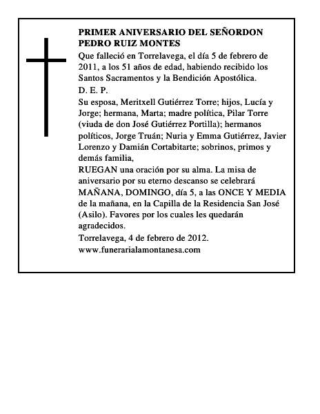 PRIMER ANIVERSARIO DEL SEÑORDON PEDRO RUIZ MONTES
