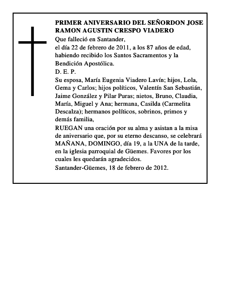 PRIMER ANIVERSARIO DEL SEÑORDON JOSE RAMON AGUSTIN CRESPO VIADERO