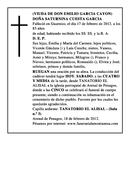 DOÑA SATURNINA CUESTA GARCIA
