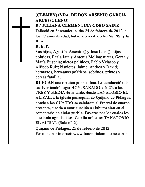 D.ª JULIANA CLEMENTINA COBO SAINZ