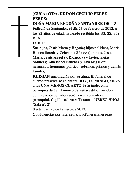 DOÑA MARIA BEGOÑA SANTANDER ORTIZ