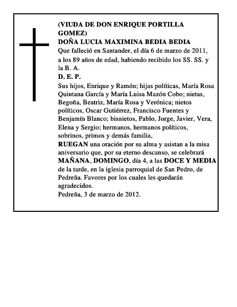 DOÑA LUCIA MAXIMINA BEDIA BEDIA