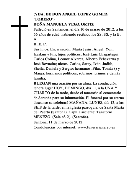 DOÑA MANUELA VEGA ORTIZ
