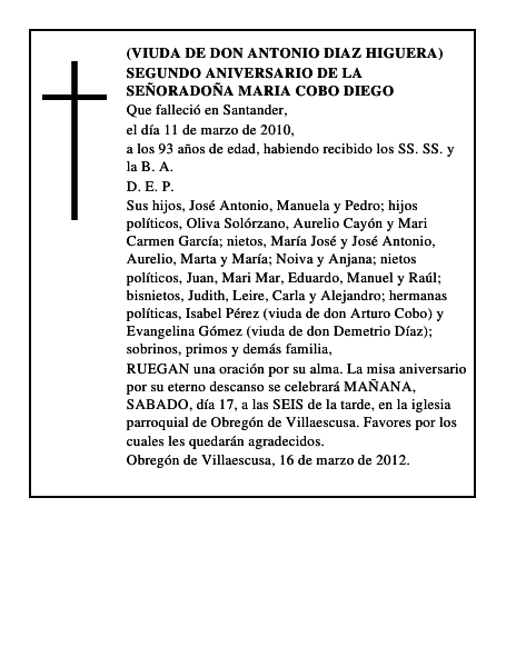 SEGUNDO ANIVERSARIO DE LA SEÑORADOÑA MARIA COBO DIEGO