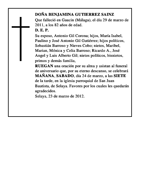 DOÑA BENJAMINA GUTIERREZ SAINZ