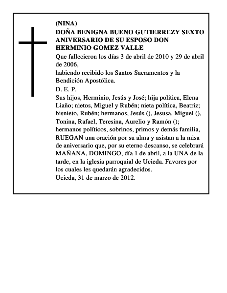 DOÑA BENIGNA BUENO GUTIERREZY SEXTO ANIVERSARIO DE SU ESPOSO DON HERMINIO GOMEZ VALLE