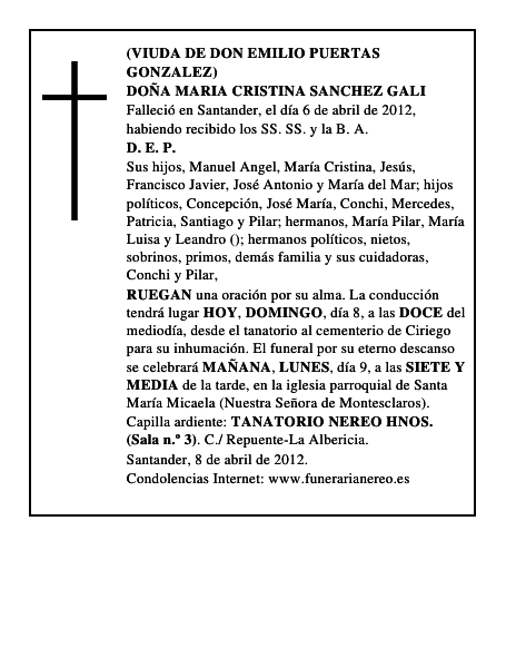 DOÑA MARIA CRISTINA SANCHEZ GALI