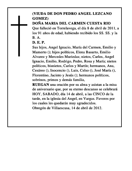 DOÑA MARIA DEL CARMEN CUESTA RIO