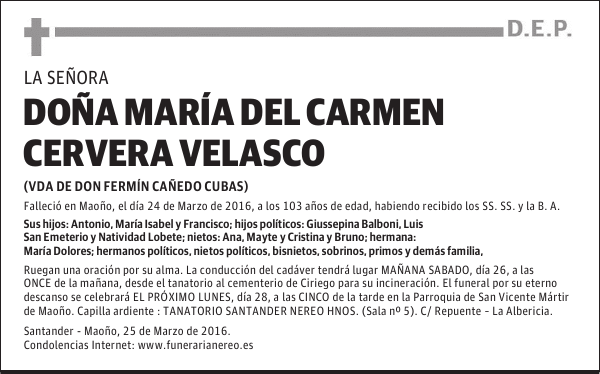 DOÑA MARÍA DEL CARMEN CERVERA VELASCO