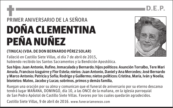 DOÑA CLEMENTINA PEÑA NUÑEZ