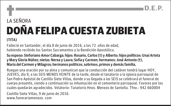DOÑA FELIPA CUESTA ZUBIETA