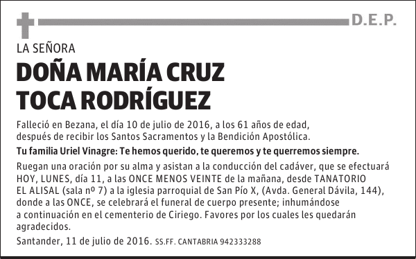 DOÑA MARÍA CRUZ TOCA RODRÍGUEZ