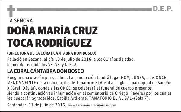 DOÑA MARÍA CRUZ TOCA RODRÍGUEZ