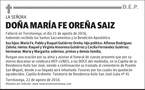 DOÑA MARÍA FE OREÑA SAIZ