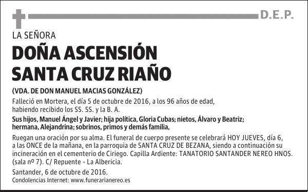 DOÑA ASCENSIÓN SANTA CRUZ RIAÑO