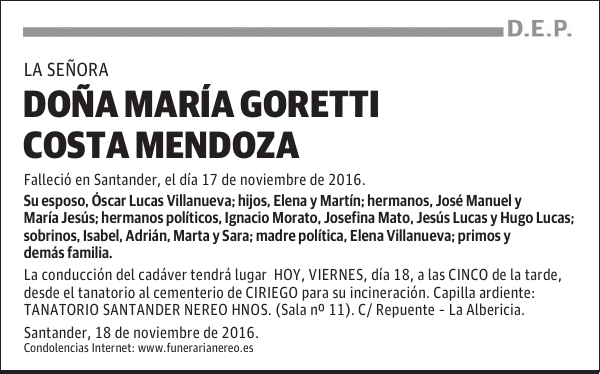 DOÑA MARÍA GORETTI COSTA MENDOZA