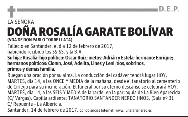 DOÑA ROSALIA GARATE BOLIVAR
