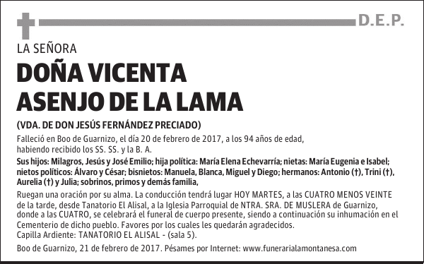DOÑA VICENTA ASENJO DE LA LAMA