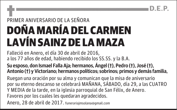 DOÑA Mª DEL CARMEN LAVÍN SAINZ DE LA MAZA