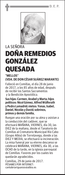 DOÑA REMEDIOS GONZÁLEZ QUESADA