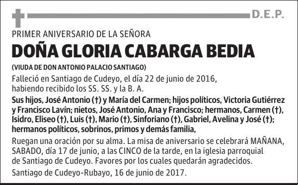 DOÑA GLORIA CABARGA BEDIA