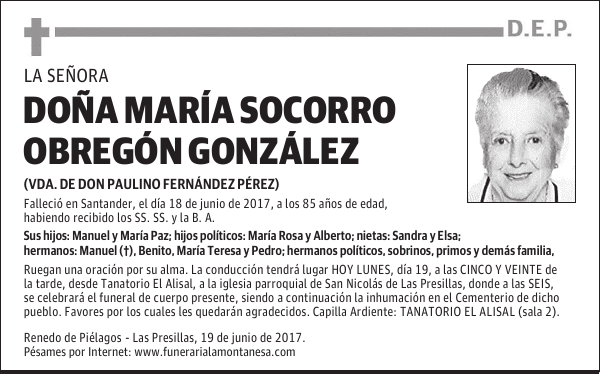 DOÑA MARÍA SOCORRO OBREGÓN GONZÁLEZ