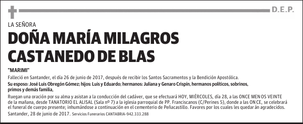 DOÑA Mª MILAGROS CASTANEDO DE BLAS