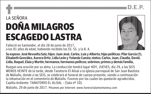 DOÑA MILAGROS ESCAGEDO LASTRA