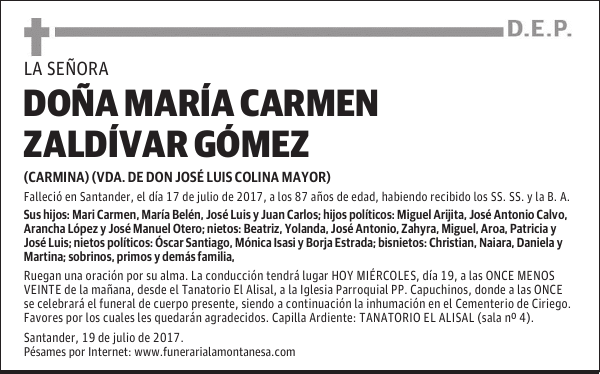 DOÑA MARÍA CARMEN ZALDÍVAR GÓMEZ