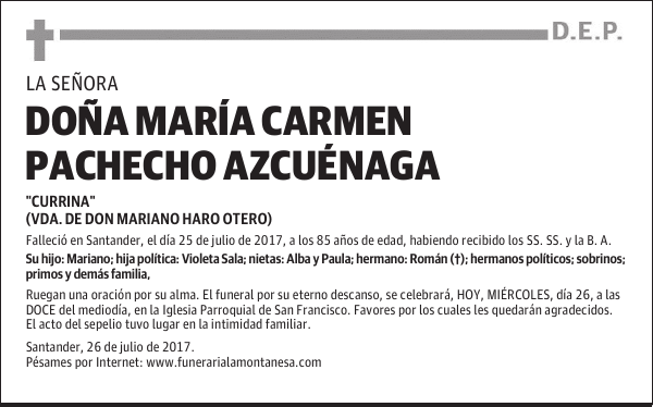 DOÑA MARÍA CARMEN PACHECHO AZCUÉNAGA