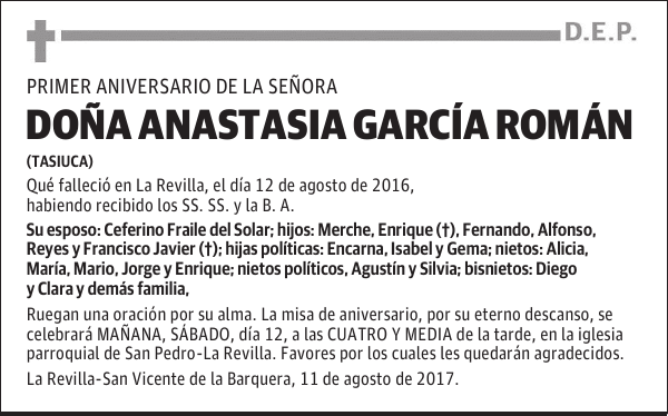 DOÑA ANASTASIA GARCÍA ROMÁN