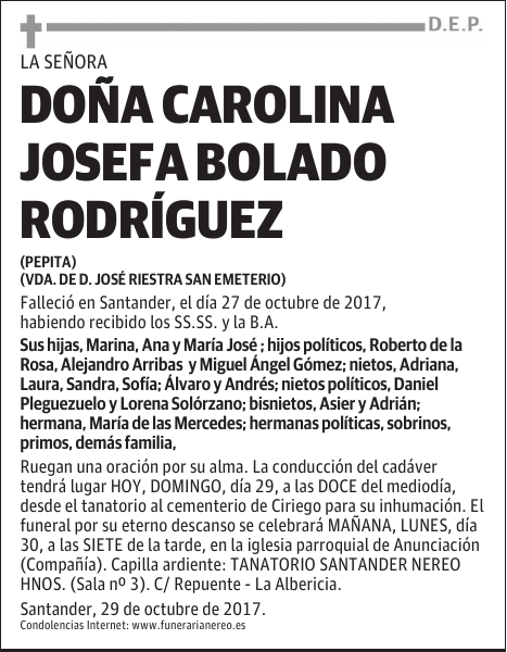 DOÑA CAROLINA JOSEFA BOLADO RODRIGUEZ