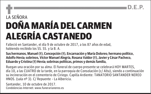 DOÑA MARÍA DEL CARMEN ALEGRÍA CASTANEDO