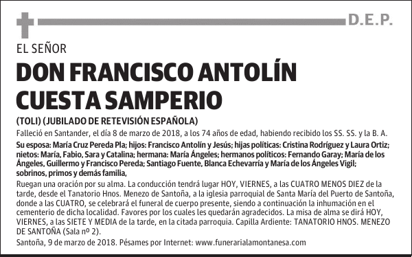 DON FRANCISCO ANTOLÍN CUESTA SAMPERIO