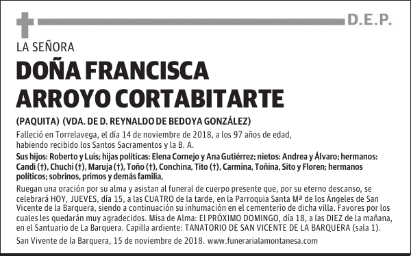 Dª. FRANCISCA ARROYO CORTABITARTE