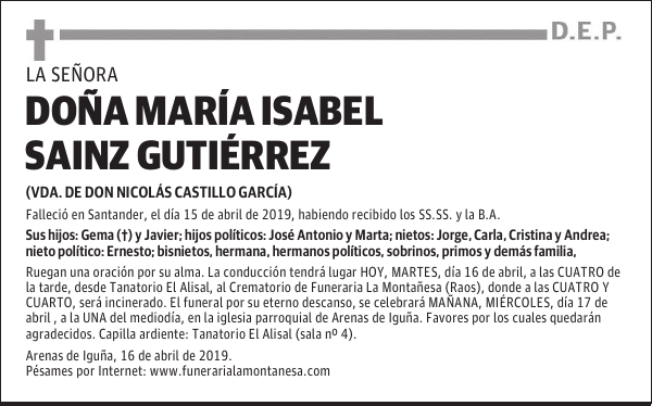 DOÑA MARÍA ISABEL SAINZ GUTIÉRREZ