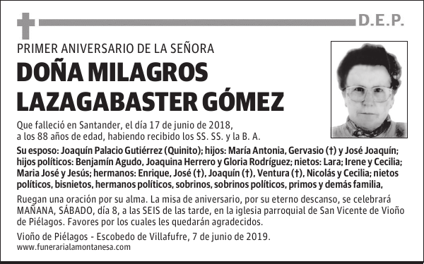 DOÑA MILAGROS LAZAGABASTER GÓMEZ