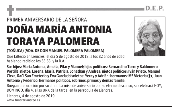 DOÑA MARÍA ANTONIA TORAYA PALOMERA