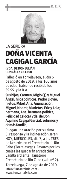 DOÑA VICENTA CAGIGAL GARCÍA