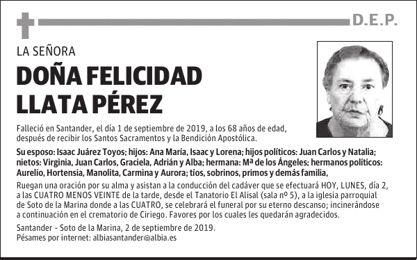 DOÑA FELICIDAD LLATA PÉREZ