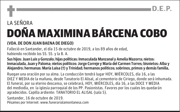 DOÑA MAXIMINA BÁRCENA COBO