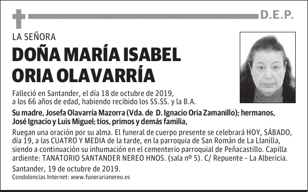 DOÑA MARÍA ISABEL ORIA OLAVARRÍA