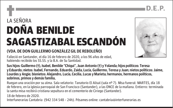 DOÑA BENILDE SAGASTIZABAL ESCANDÓN