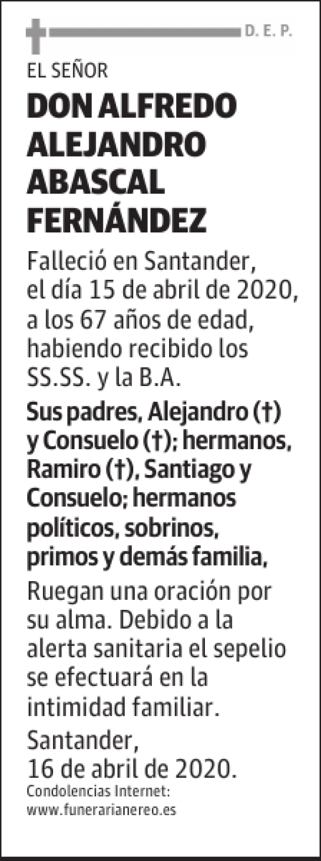 DON ALFREDO ALEJANDRO ABASCAL FERNÁNDEZ Esquela Necrológica El Diario Montañés