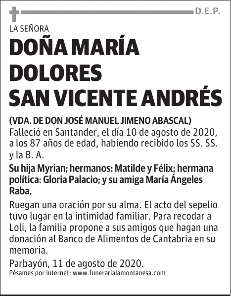 DOÑA MARÍA DOLORES SAN VICENTE ANDRÉS