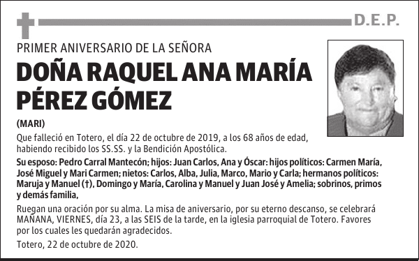 DOÑA RAQUEL ANA MARÍA PÉREZ GÓMEZ