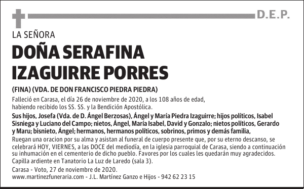 DOÑA SERAFINA IZAGUIRRE PORRES