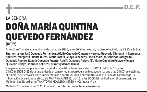 DOÑA MARÍA QUINTINA QUEVEDO FERNÁNDEZ